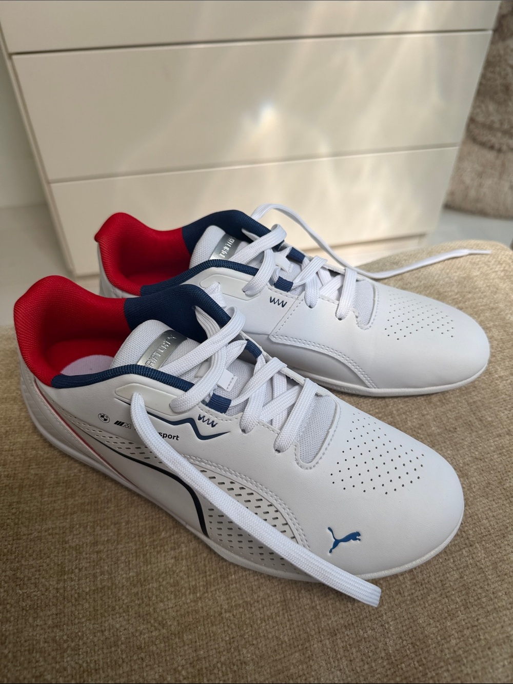 NWOT Puma Men’s Drift Cat BMW Motorsport White Sneakers with Blue & Red Accents